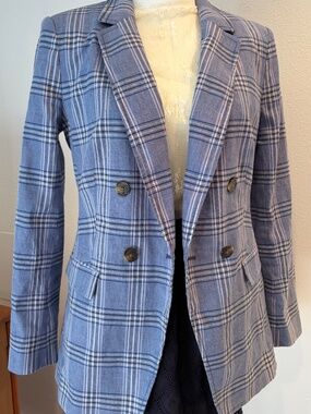 Banana Republic Blue Plaid Blazer, Linen Cotten Jacket, Light, Classic, 6